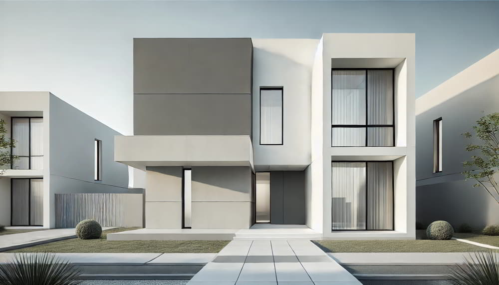 DALL·E 2024-11-29 13.27.36 - Modern house facade, minimalist design, predominantly in shades of gray and white. The facade features clean lines, large windows, and a flat roof. No fachada moderna com tons cinza e branco, sem elementos vibrantes, para ilustrar a prevalência do minimalismo